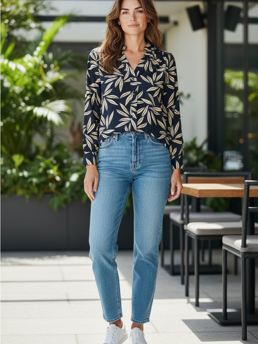 Ann Taylor Navy Blue Botanical Print Long-Sleeve Shirt - Beige Leaf Pattern M
